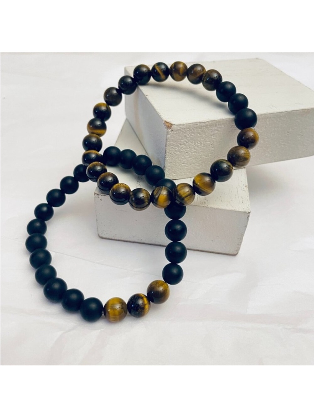 Hamoery Bracelets with Black Agate & Brown Tiger Eye Beads Set of 2